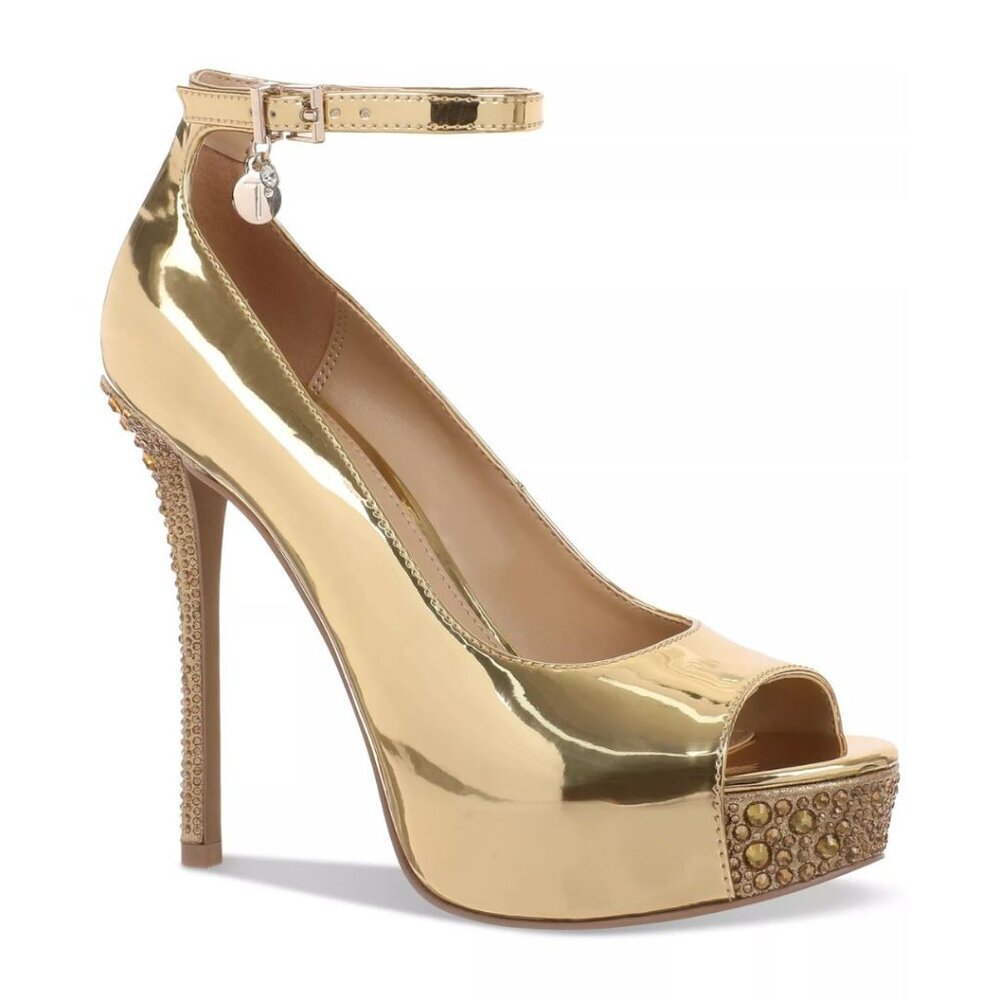 89$ Thalia Sodi Libbie Embellished Ankle-Strap Platform Dress Pumps US 10.5 Gold